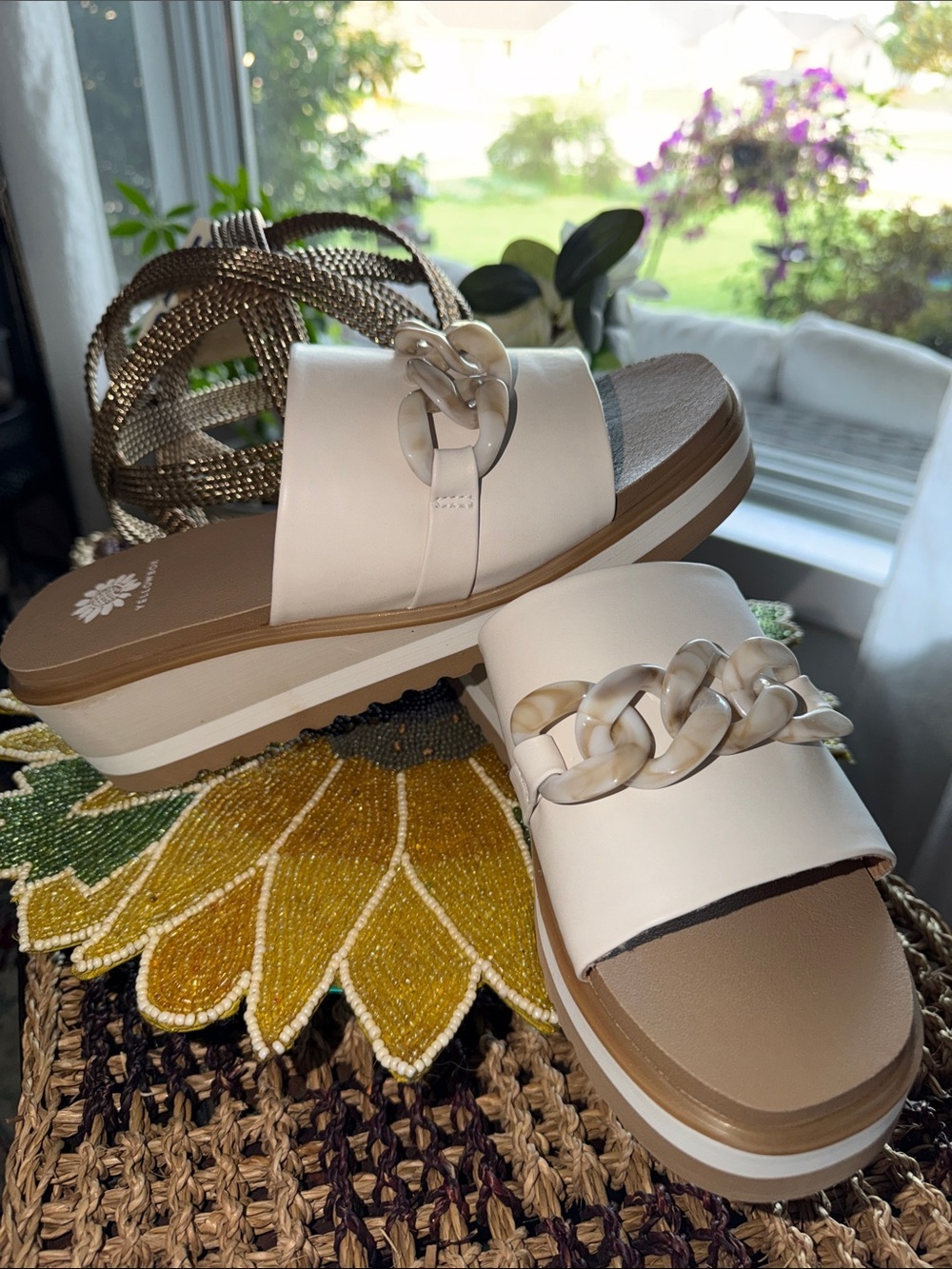 Rebecca Minkoff Cream Platform Slide Sandals with Chain Trim - Picture 2 of 6